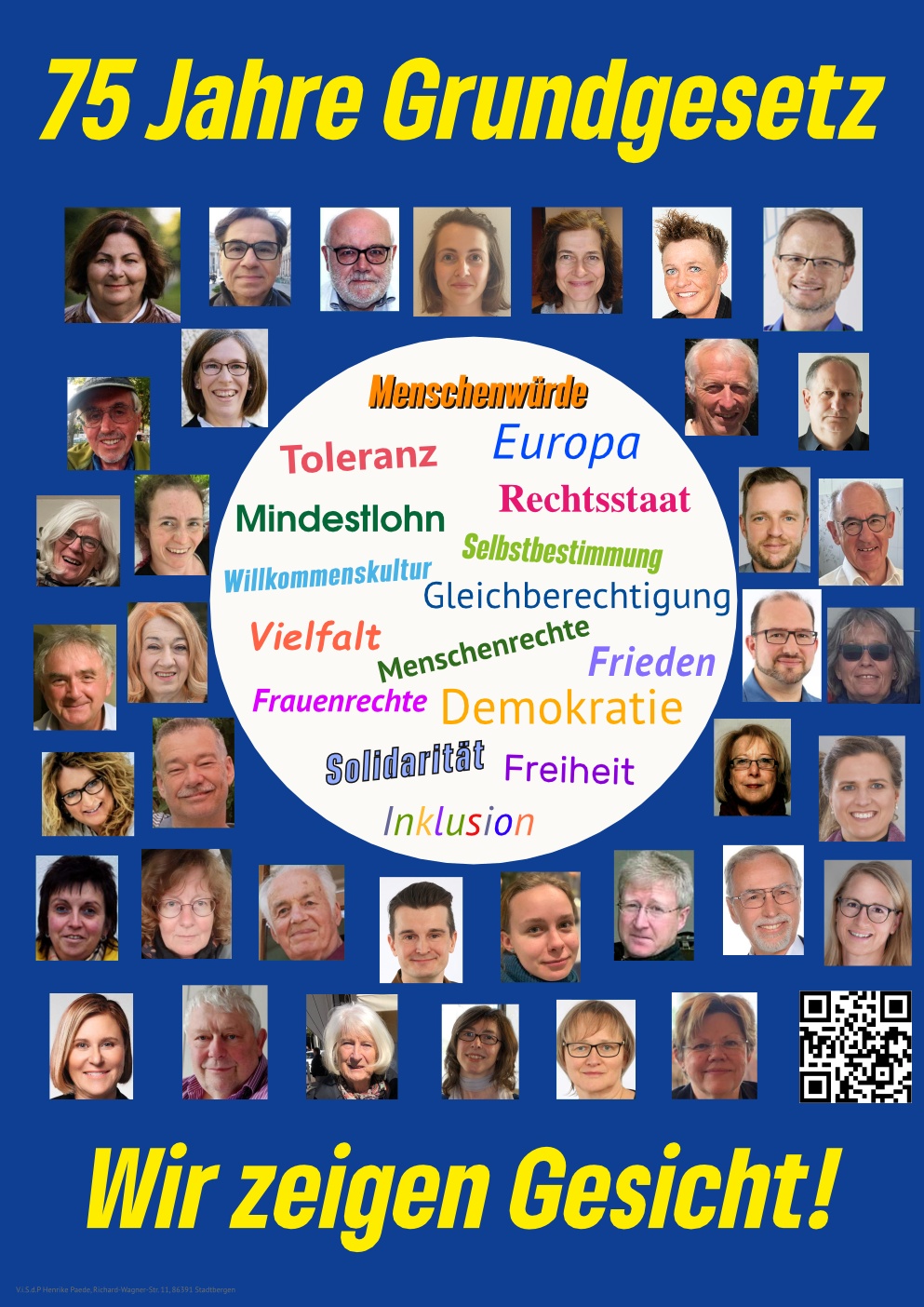 Plakat zur Aktion wir zeigen Gesicht in Stadtbergen. In der Mitte ein Kreis mit Begriffen wie Demokratie und Toleranz. Außen angeordnet Porträts der Unterstützenden