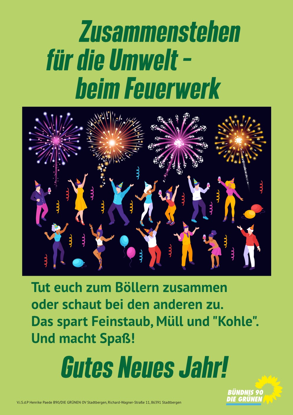 Flyer mit der Anregung, sich beim Feuerwerken zusammenzutun. Aufschrift: Tut euch zum Böllern zusammen oder schaut bei den Anderen zu. Das spart Feinstaub, Müll und "Kohle". Und macht Spaß! Gutes neues Jahr! Darauf ein Bild mit stilisierten Menschen die feiern und Feuerwerk.