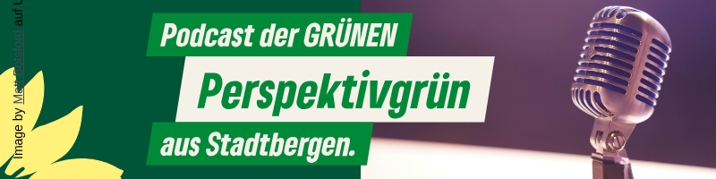 Ein Banner mit altem Mikrophone und dem Test Podcast Perspektivgrün aus Stadtbergern