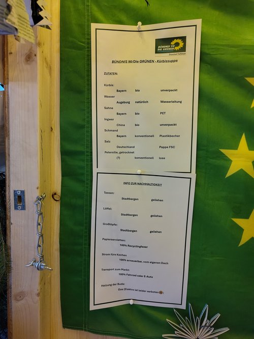 Zutatenliste und Nachhaltigkeitsbericht zu den Utensilien wie Geschirr.